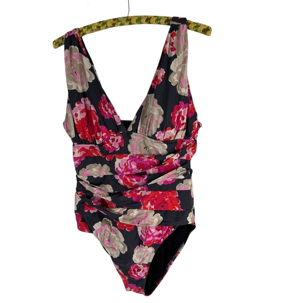 Garnet Hill One-Piece Swimsuit Floral Print Deep V-Neck Ruched Front gray 12